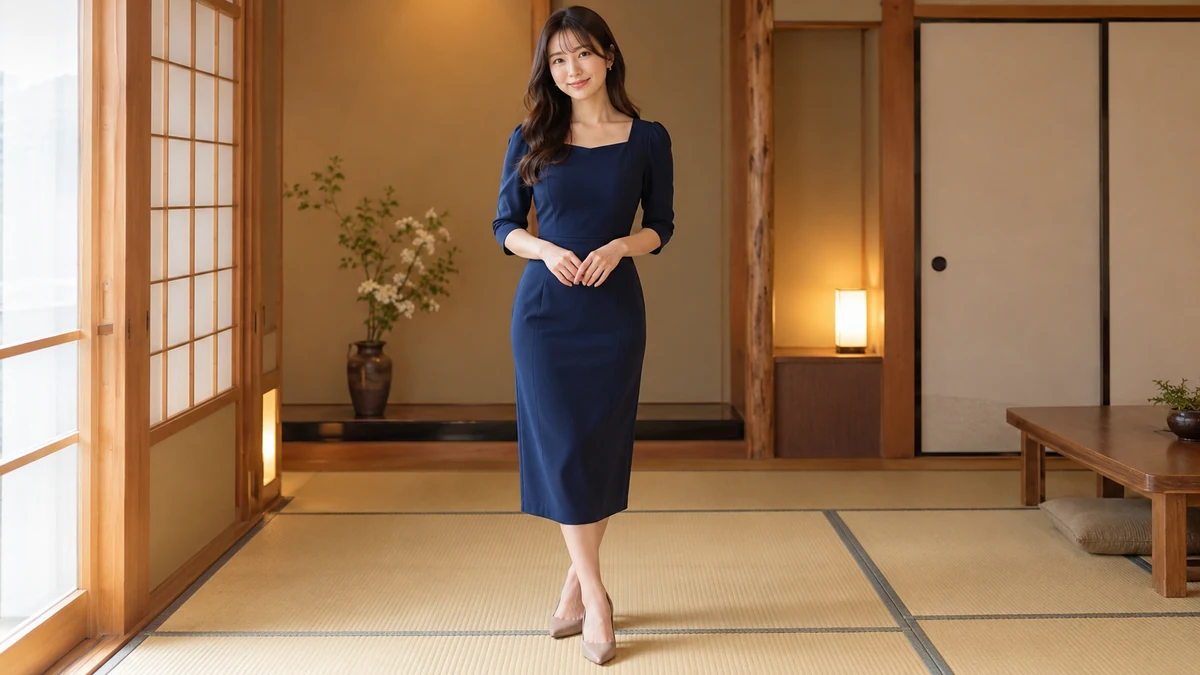 成年女子穿深蓝色连衣裙站在木色和室与榻榻米中央