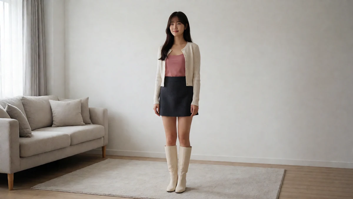 成年女子穿粉色上衣、浅色外套、黑色短裙与白色长靴站在明亮客厅